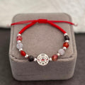 Red Rope & Silver Double Happiness Bracelet With Natural Stones