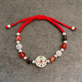 Red Rope & Silver Double Happiness Bracelet With Natural Stones