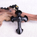 Obsidian Cross Pendant Necklace with Beads