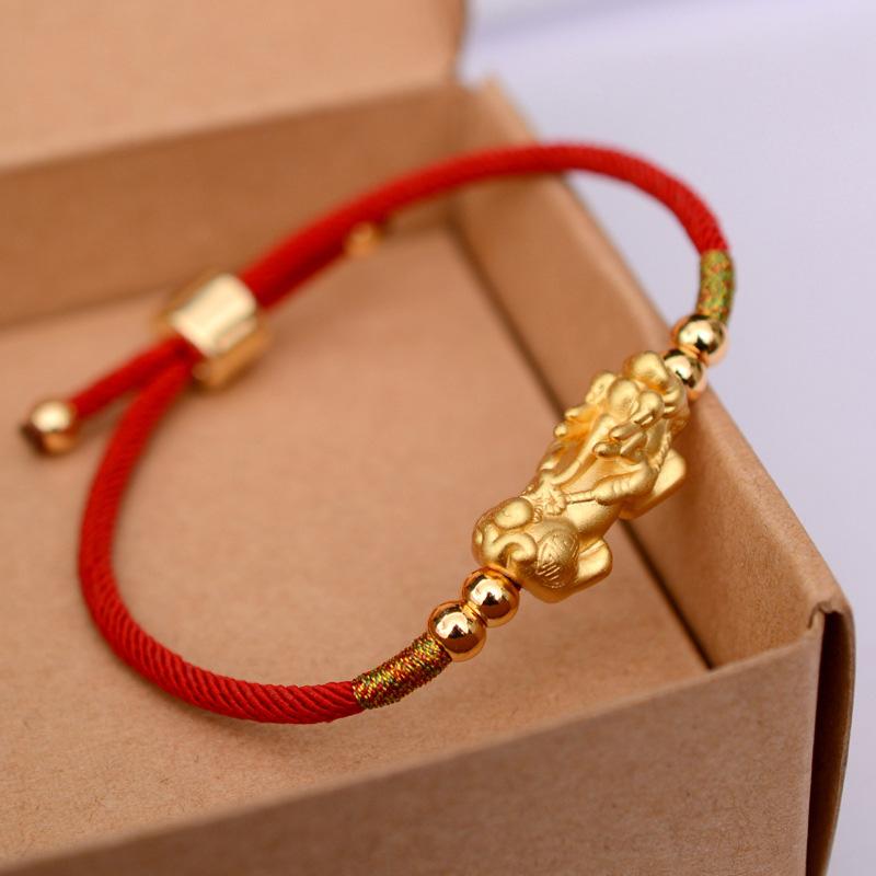  ZHOU LIU FU 24K Solid Gold Bracelet, Real Gold Fortune Bag  Charm Bracelet, Pure Gold Lucky Pocket Jewelry Red Bracelet for Women Men