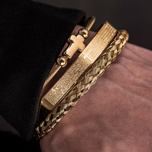 Men's Luxury 3 Pc Stainless Steel Cross & Braided Bracelet Set