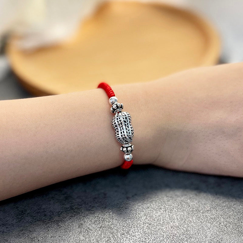 Red Rope & Silver 'Wealth Peanut' Bracelet zenheavens