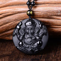 Natural Carved Black Obsidian Ganesha Pendant Necklace