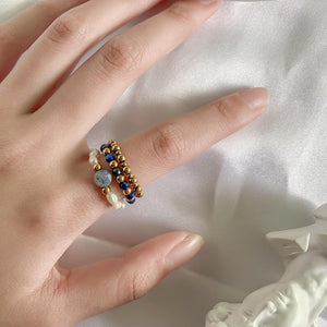 Aquamarine & Lapis Lazuli with Freshwater Pearls 'PEACE' Ring Set