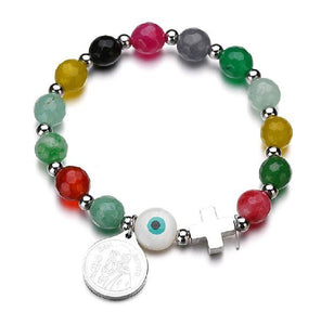 Natural Stone &  Stainless Steel ST BENEDICT PROTECTION Medal Charm Bracelet