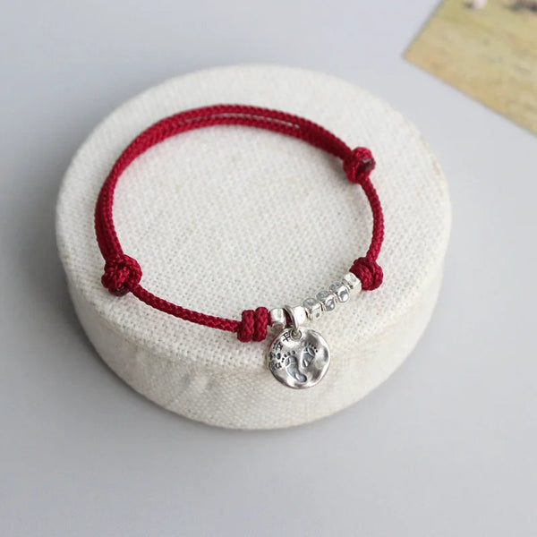 Silver Footprints Charm Red  Rope Bracelet