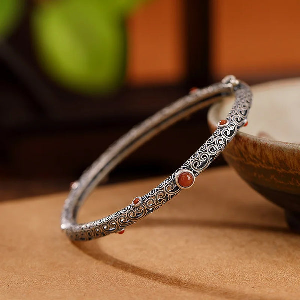 Thai Silver Bracelet with Carnelian Stones & Cloud Motifs