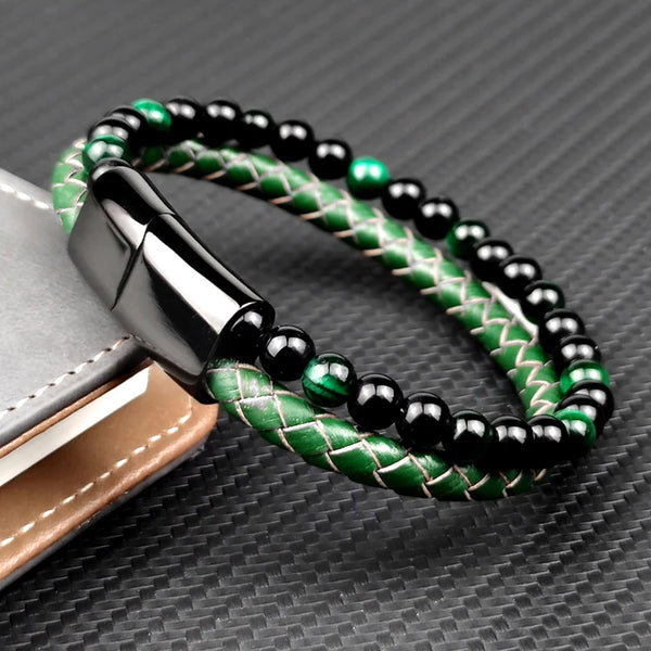 Multilayer Leather & Stone Bead Bracelet