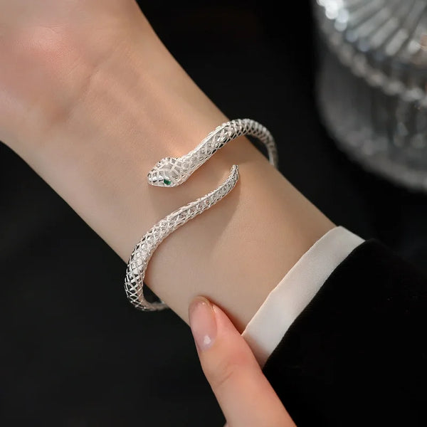 Mystical Elegance: Snake-Inspired Sterling Silver Wrap Bracelet