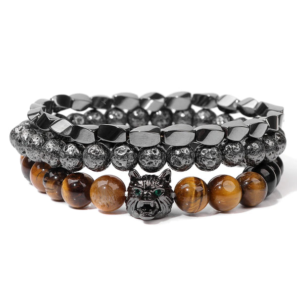 Wolf Charm Men's Stone Bracelet Set