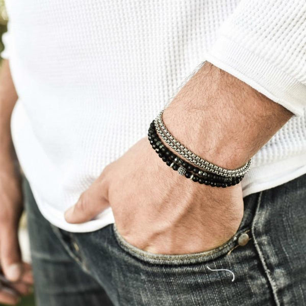 3pc Onyx Stone & Stainless Steel MINIMALIST Bracelet Set