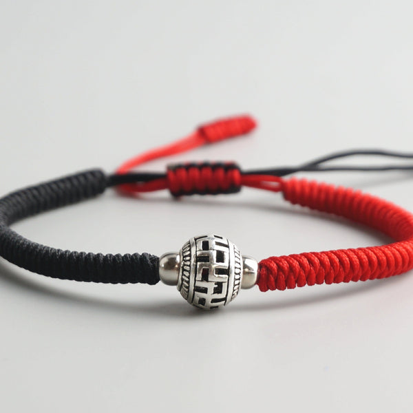 Lucky Knot Bracelet with Tibetan Silver Buddhist Prayer Bead charm