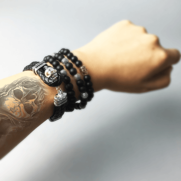 Men's Black Leather Skull Strap Bracelet