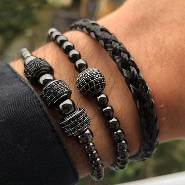 Luxury CZ Pave ,Black/Silver/Gold Braided Stainless Steel 3pc  Bracelet Set