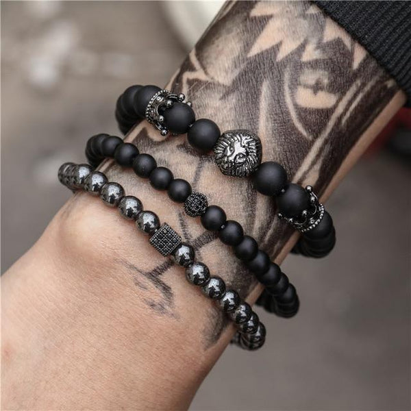 Men's 3 Pc Classic Stack of Onyx & Hematite Stone LION Amulet Bracelets-GOBLIN & GIANT SIZES HERE!