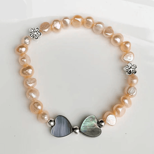 Feminine Natural Freshwater Pink Pearls & Abalone Shell Hearts Bracelet