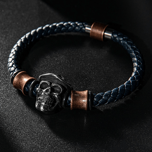 Men's Stainless Steel Skull & Genuine Leather 'STAMINA' Bracelet