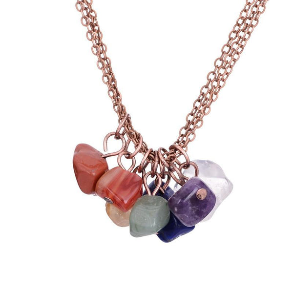 Unique Antique Copper Triple Strand Necklace with 7 Chakra Stones Pendant