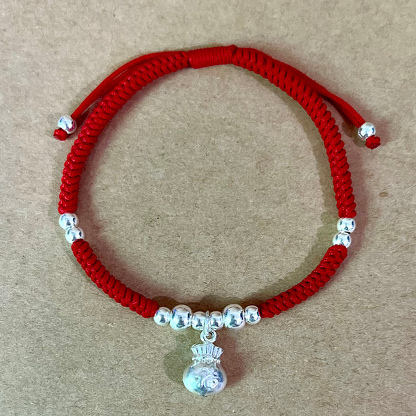 Sterling Silver & Red Rope Fortune Money Bag Bracelet