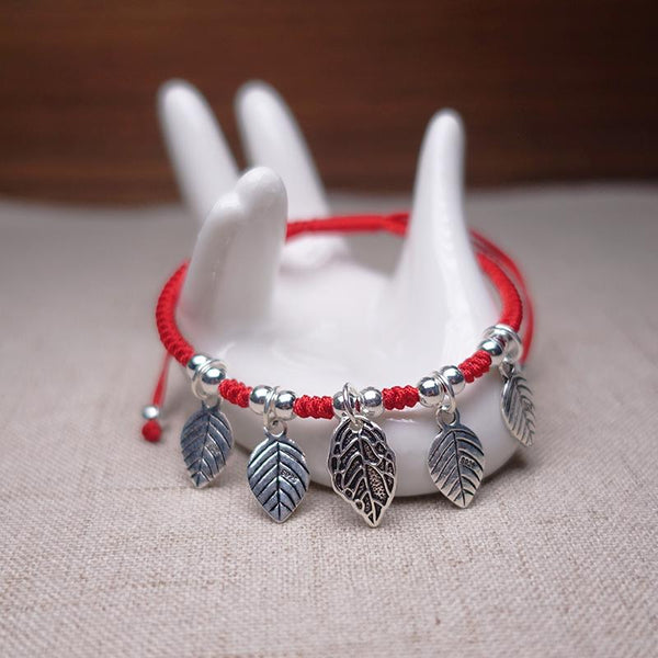 Sterling Silver  'GROWTH' Leaf charm Red Rope Bracelet