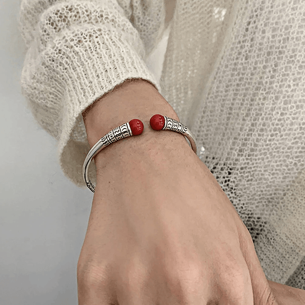 THAI SILVER Red Agate Tibetan Bangle