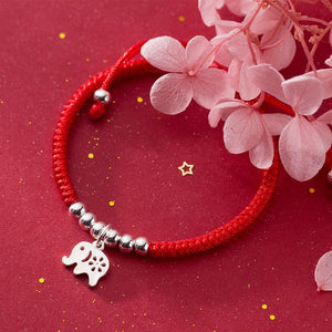 Sterling Silver Lucky Elephant STRENGTH & LOYALTY Red Rope Bracelet
