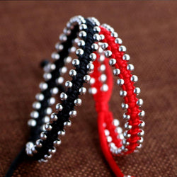 925 Sterling Silver Bead Red & Black Rope LUCKY WHEEL Bracelet