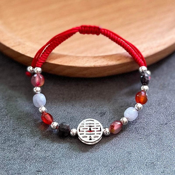 Red Rope & Silver Double Happiness Bracelet With Natural Stones