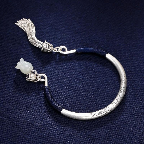 Ethnic Thai Silver Rosebud & Tassel Bangle