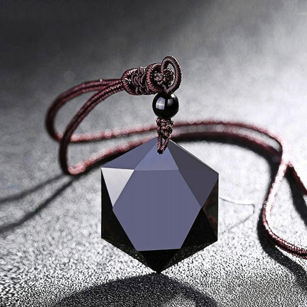 Black Obsidian Cubic Hexagram NO NEGATIVITY Pendant Necklace