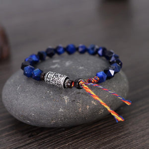 Ethnic Tibetan Faceted Blue Tiger Eye Stone SIX TRUE WORDS MANTRA Bracelet