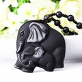 Handcarved Obsidian Mother Baby Elephant  Pendant Necklace