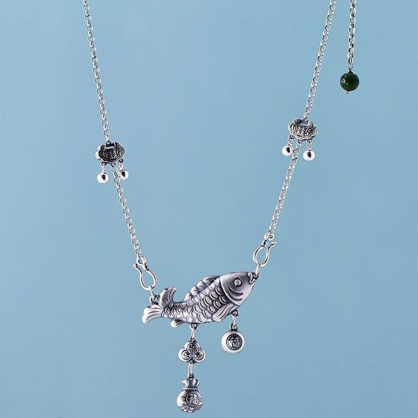 THAI SILVER Koi & Auspicious Symbols Necklace