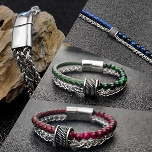 3 n' 1 Men's Leather , Steel Wheat Chain & Green/Blue/Red Tiger Eye Stone Luxury Bracelet