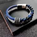 3 n' 1 Men's Leather , Steel Wheat Chain & Green/Blue/Red Tiger Eye Stone Luxury Bracelet