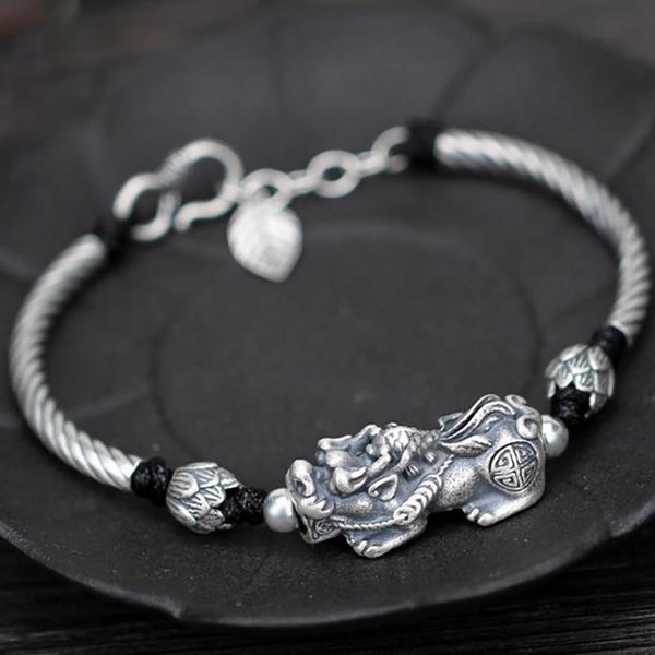 THAI SILVER Feng Shui Pixiu & Lotus 'WEALTH' Bracelet