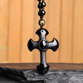 Obsidian Cross Pendant Necklace with Beads