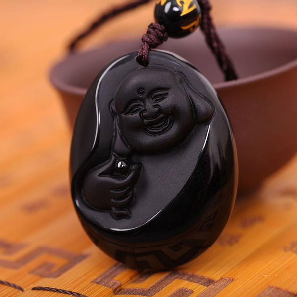 Unique Carved Natural Obsidian Buddha Pendant