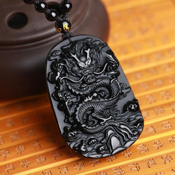 Natural Black Obsidian Dragon Amulet Pendant Necklace