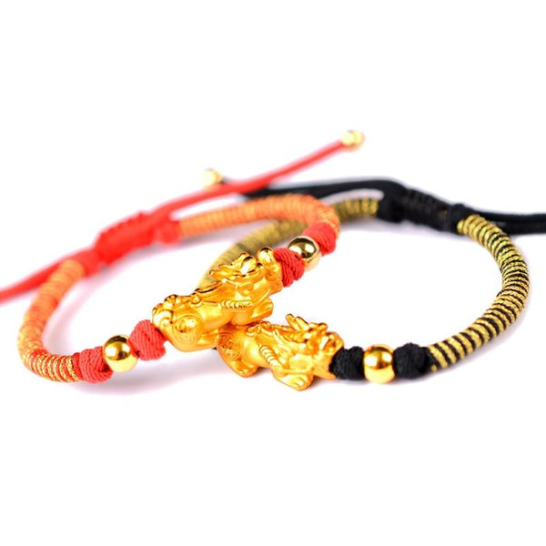 24k Plated Pure Silver 990  FENG SHUI Red/Black Rope AFFLUENCE Bracelet