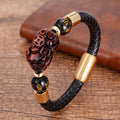 Steel , Leather & Tiger Eye Stone Feng Shui PIXIU For GOOD FORTUNE Bracelet