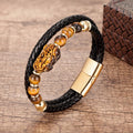 Stainless Steel , Braided Leather & Tiger Eye Stone Feng Shui PIXIU for WEALTH Bracelet