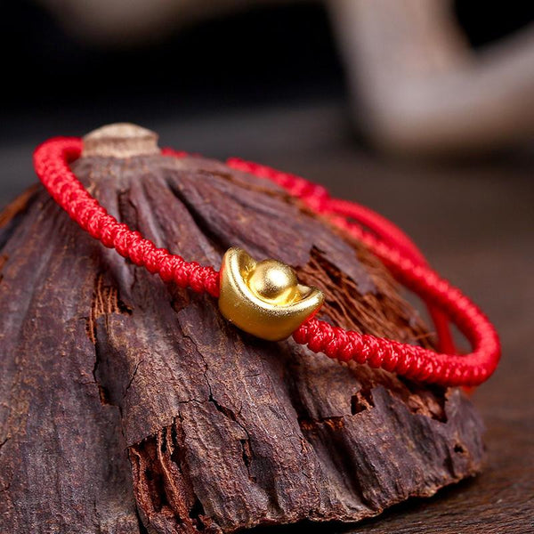 Pure Silver +24k  FENG SHUI LUCKY GOLD INGOT & Red Rope Bracelet