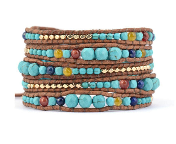 Turquoise Stone with Leather & Gold beads WRAP Bracelet