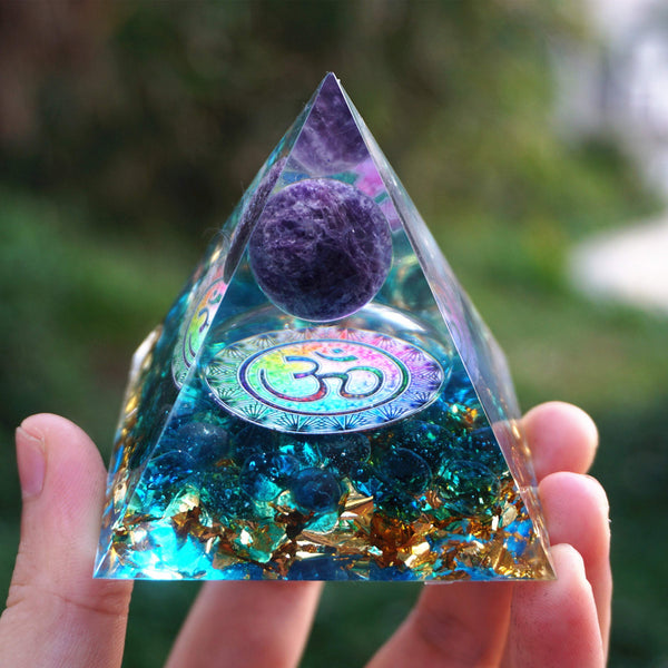 10-Handmade Blue Quartz & Amethyst OM Crystal Sphere CREATIVITY ORGONITE Pyramid