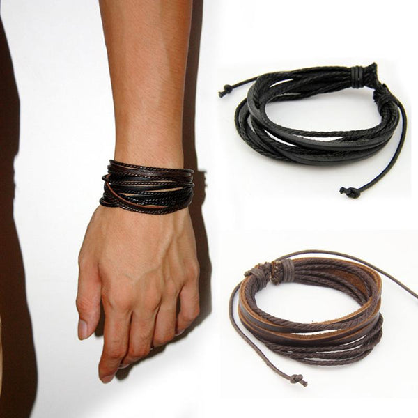 2pc Set Braided Rope & Leather Stacked Bracelets