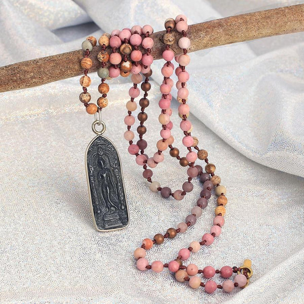 Ancient Style Thai BUDDHA AMULET & Rhodochrosite Stone LOVE Necklace