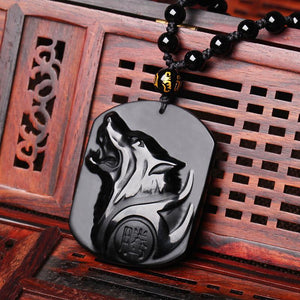 Trendy Natural Obsidian Carved Wolf Head Amulet pendant