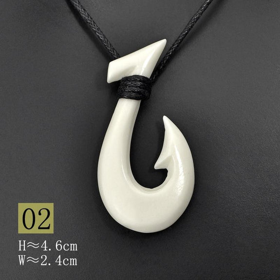 New Zealand Maori Tribal Style Hand Carved Bone 'HEI-MATAU'( Fish Hook) Safe Journey Necklace-9 Styles 09