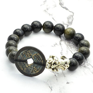 Golden Obsidian Stone & WEALTH Ancient Coin & Pixiu Feng Shui Bracelet